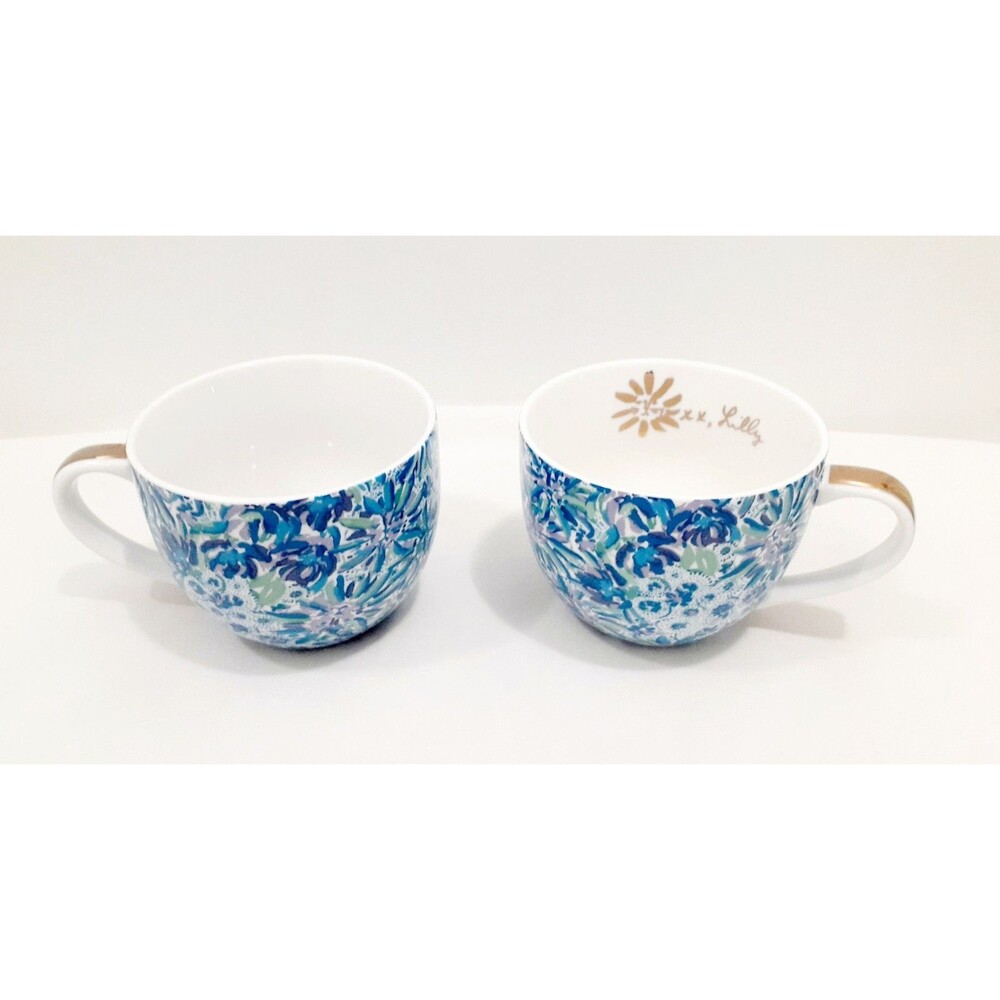 2 Lilly Pulitzer Coffee Cup Mug Teacups Porcelain Blue Floral Gold Handle 12oz